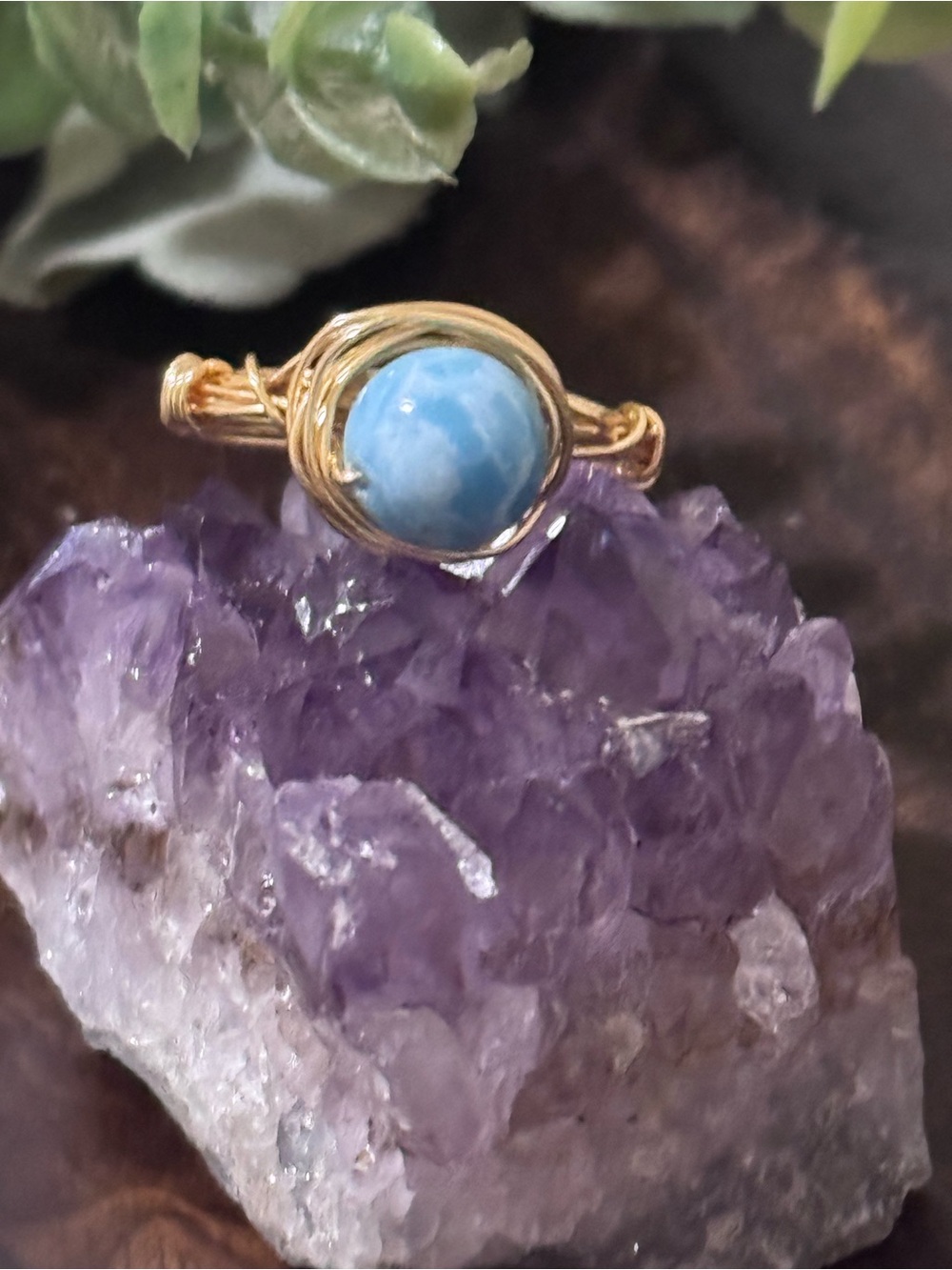 Larimar Gold Wire Wrapped Ring size 8